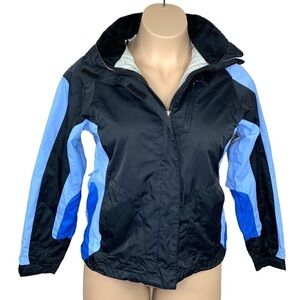 Large Vintage Alpine Design Jacket Coat Blue Black Zip Closure Zip Closure
